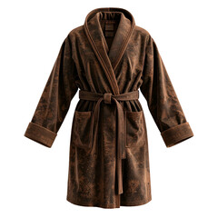Plush brown robe, hooded with belt, draped over a dark background