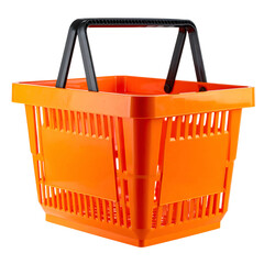 A vibrant orange shopping basket with a black handle, isolated on a dark background
