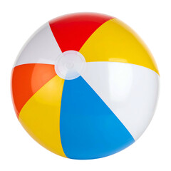 A colorful inflatable sphere featuring segments of red, orange, yellow, white, and blue