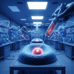 Exploring cellular frontier injecting red spheres inside cell in futuristic laboratory