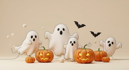 Spooky scene with glowing pumpkins, friendly ghosts, and bats celebrating the Halloween season