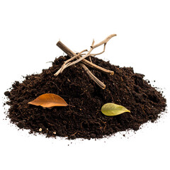 A small pile of dark soil with twigs, and leaves; isolated on a black background