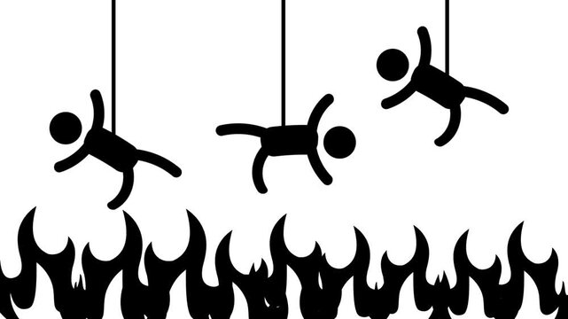 Figures hang from strings above blazing fire, symbolizing the torment of control and the thin boundary between survival and destruction