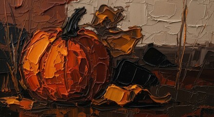 A single pumpkin basking in autumn's warm glow, surrounded by fall foliage and earthy tones