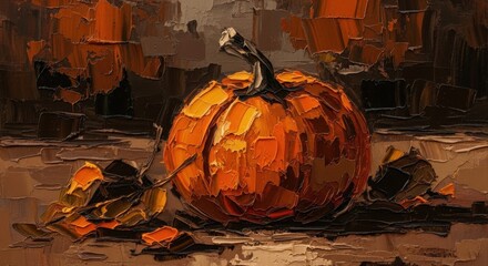 A pumpkin's embrace in artistic expression of Fall, with rich color palette and textured brushstrokes