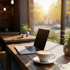 Morning light and coffee in a cozy cafe create a productive workspace with a laptop on a wooden table