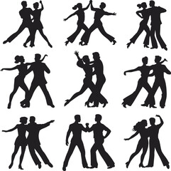 Dancing couple silhouette poses, romantic partner dance movement, expressive choreography, elegant body motion, artistic rhythm, flat vector illustration