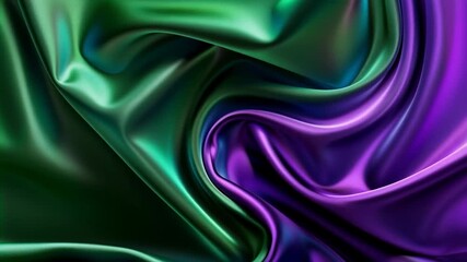Elegant abstract satin fabric in flowing folds with emerald green and deep purple hues, luminous gradient lighting, and rich silky texture for luxurious visual appeal - Powered by Adobe