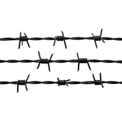 Close-up of three parallel strands of barbed wire against a black background