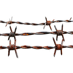 Close-up of rusty barbed wire strands, set against a stark black background