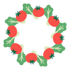 Round wreath frame made of tomatoes and lettuce leaves in flat minimalist style. Perfect for eco packaging, vegan labels, and healthy lifestyle design.