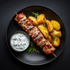 Pork souvlaki skewer with greek potatoes and a small bowl of tzaziki sauce.