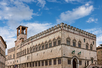 Obraz premium The Palazzo dei Priori, or Palazzo Comunale, architectural monument, one of the finest examples of a public palace in Italy. The palazzo is located in the central square of Perugia, Umbria.