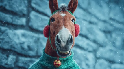 A horse wearing a green sweater and red earmuffs stands against a snowy stone wall. Snowflakes gently fall around the horse, creating a festive winter atmosphere.
