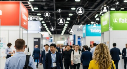 Business networking event with diverse professionals in exhibition hall