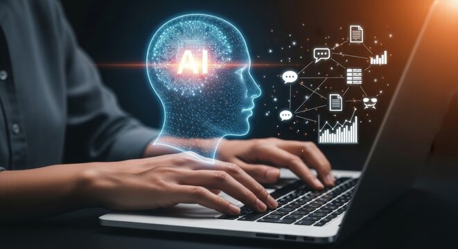 Ai integration concept with holographic head and data visualization elements