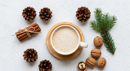 Cozy Winter Drink with Cinnamon and Pine Cones