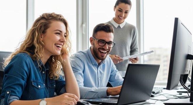 Diverse team collaborating on project in modern office environment