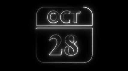 Neon calendar icon showing October 28th date on black background twenty eight