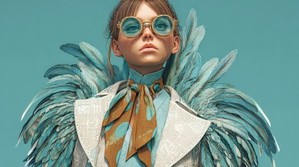 A young Caucasian girl with long brown hair wears oversized blue sunglasses and a stylish outfit with feathered accents. The background is a solid turquoise color.