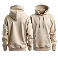 Front and back views of a beige hoodie, showcasing fabric texture and design details