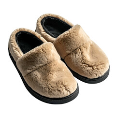 Close-up of beige faux fur slippers with black soles, isolated on a black background