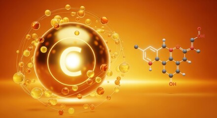A glowing golden sphere with the letter c inside, surrounded by bubbles, next to a chemical structure