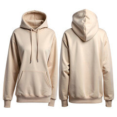 Front and back view of a beige hooded sweatshirt isolated on a dark background