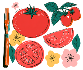 Tomato with fork and knife isolated PNG flat vector design