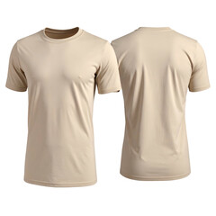 Front and back view of a tan, short-sleeved, crew neck tee shirt