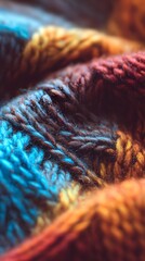 kneat sweater texture close up. Knitted woolen sweaters. Close-up. Selective focus. Multicolored wool yarn background. Close-up of knitting wool texture