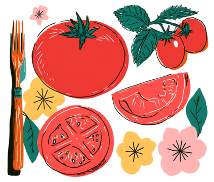 Tomato with fork and knife isolated PNG flat vector design