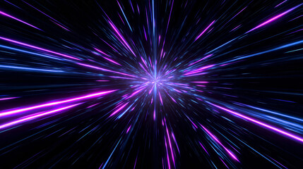 Black background with neon blue and purple light rays creating an explosion effect. 