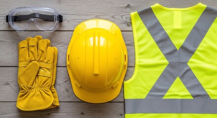 Safety equipment collection with hard hat gloves goggles and reflective vest on wood grain