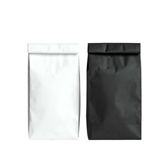 Two upright paper bags, one white, one black, stand against a black background