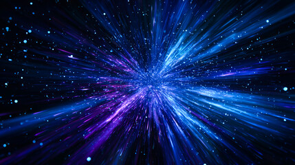 Black background with neon blue and purple light rays creating an explosion effect. 