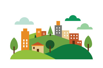 City landscape with buildings, hills and trees vector illustration