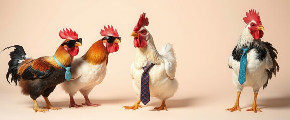 Four roosters in ties stand against a light background. Each rooster has distinct colors and patterns, showcasing a playful and humorous scene.