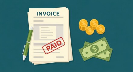 An invoice marked paid with a pen, coins, and banknotes, representing financial transactions