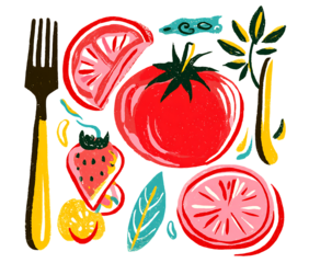 Tomato with fork and knife minimal flat vector illustration