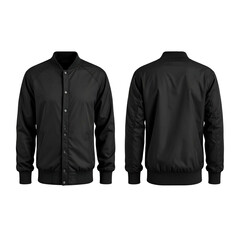 Front & back view of a black bomber jacket on black background