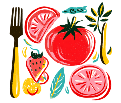 Tomato with fork and knife minimal flat vector illustration