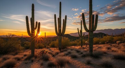 Golden Desert Sunset Over Saguaros Mountain Range