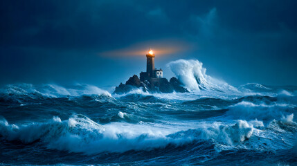 Lighthouse in a stormy sea with large waves and a dark sky a lighthouse in a night.