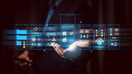 UX UI designer using AI technology for digital interface, app, and web development. Concept of artificial intelligence, creative design, and modern innovation in digital technology.