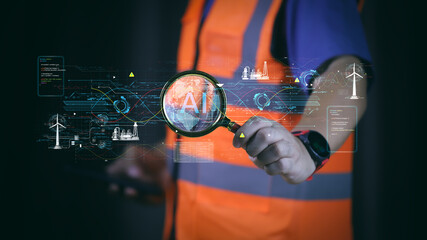 Engineer using artificial intelligence technology for energy analysis and data monitoring. Concept of AI innovation in renewable energy, smart industry, and digital transformation.