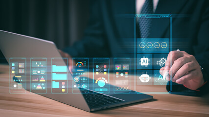 UX UI designer using AI technology on digital interface for app and web design. Concept of artificial intelligence innovation in user experience, data visualization, and creative digital development.