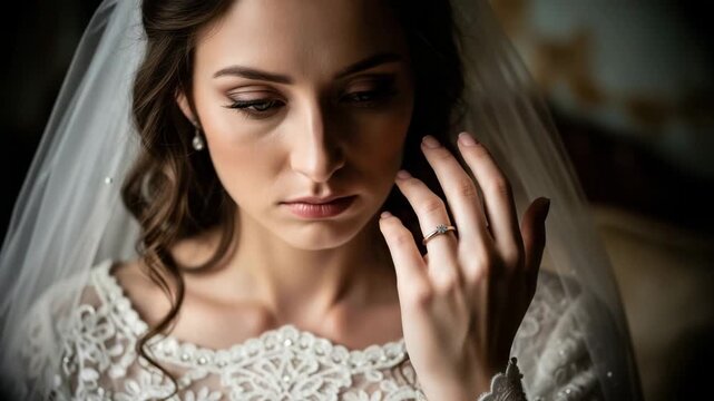 Closeup of a beautiful bride showing off her engagement ring and veil