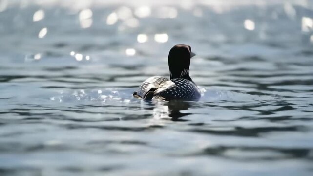 Loon swimming in lake water, wildlife, nature, wild animal, bird. Close up of loon in the water.