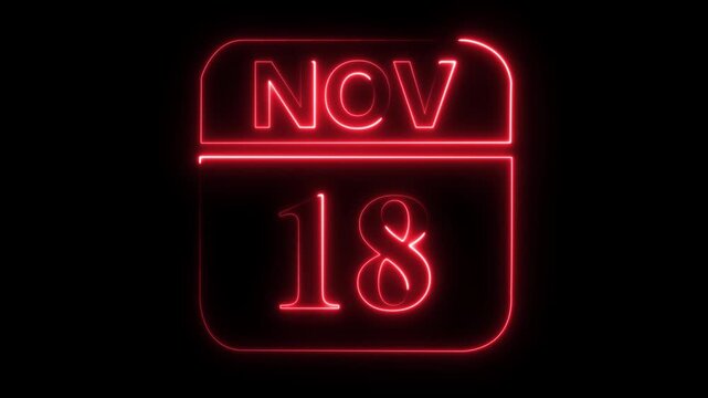 Red Neon Calendar Icon Showing November 18th Date on Black Background image photo